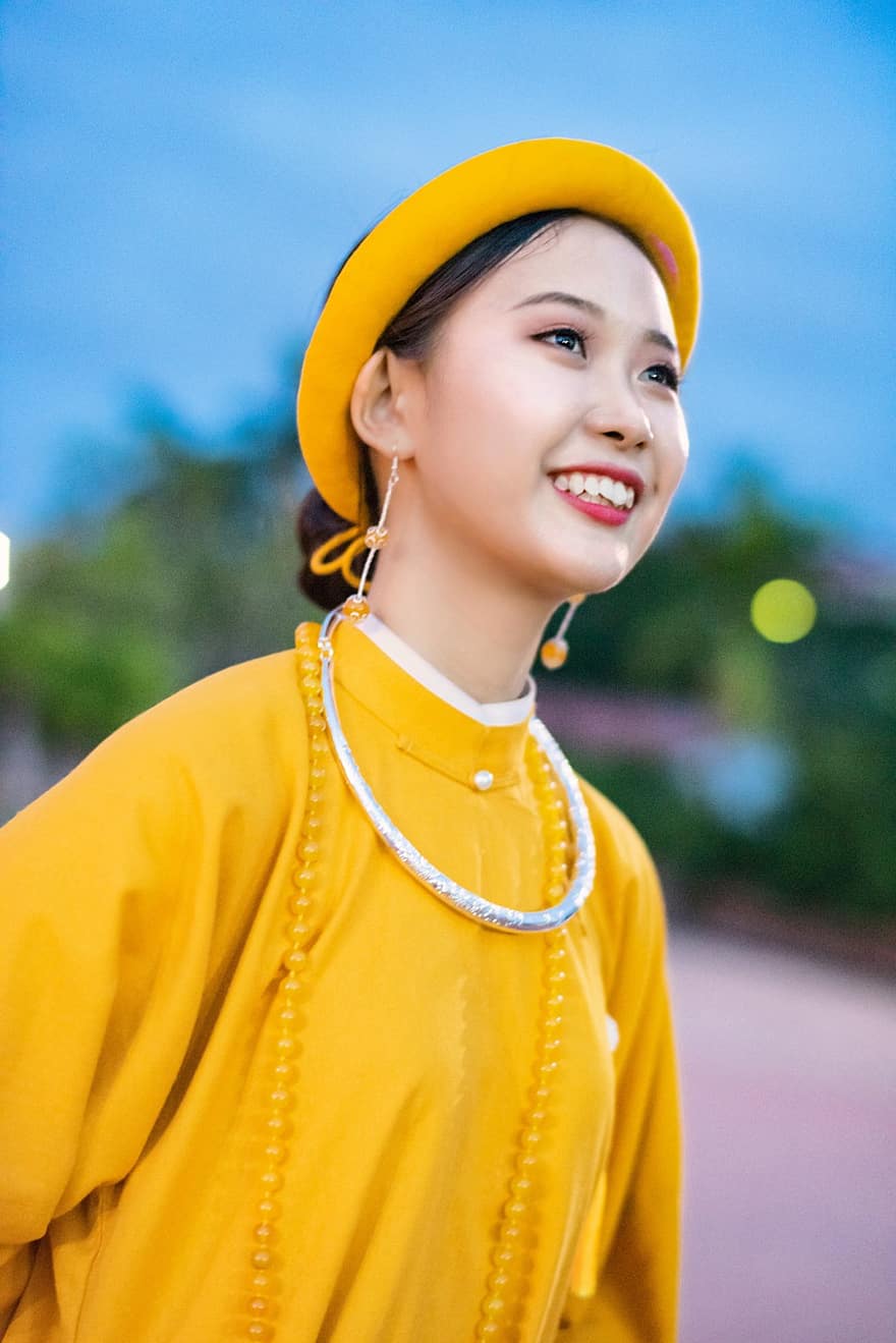 kvinna, modell, vietnames, kostym, blomma, lång klänning, antika kostym, lady, asiatisk