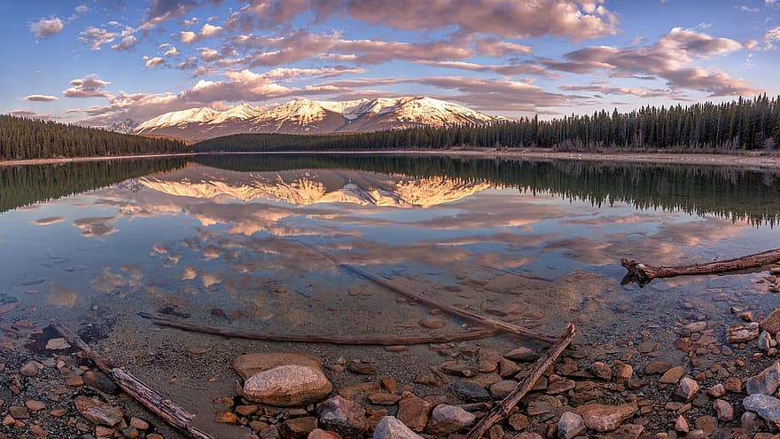 gunung, refleksi, matahari terbit, pagi, alam, danau, Kanada, pemandangan, air, tenang, hutan