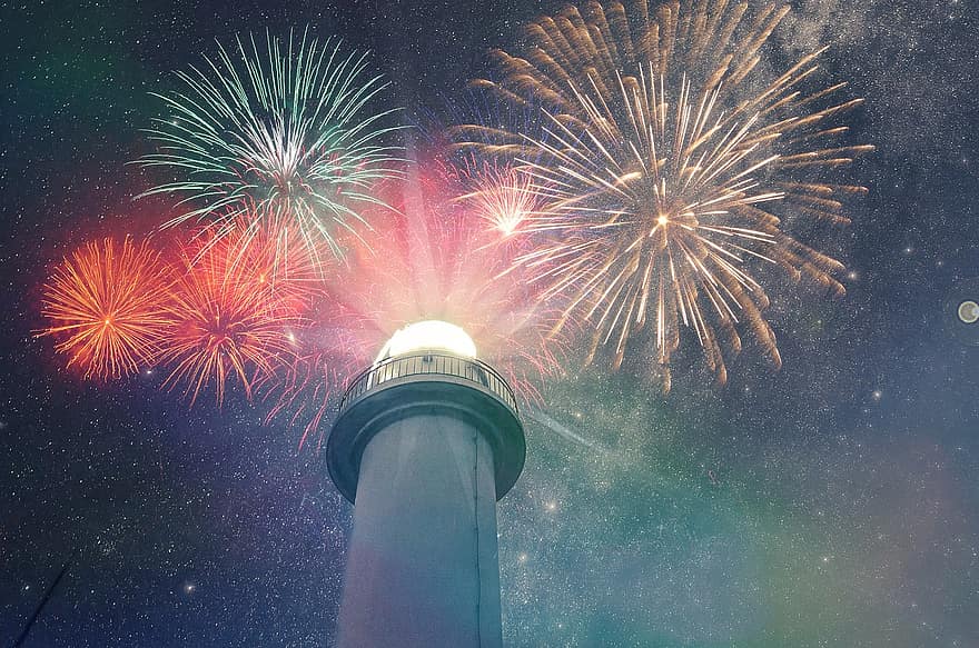 Fireworks, Lighthouse, Celebration, Night, Pyrotechnics, Fireworks Display, Stars, Night Sky, Tower, exploding, firework display