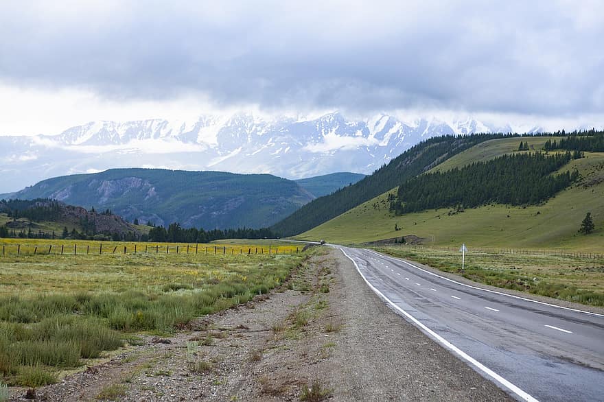 út, országút, erdő, utazás, Altai, hegyi altaj, chuyskiy trakt, természet, tájkép, felhők, hegyek