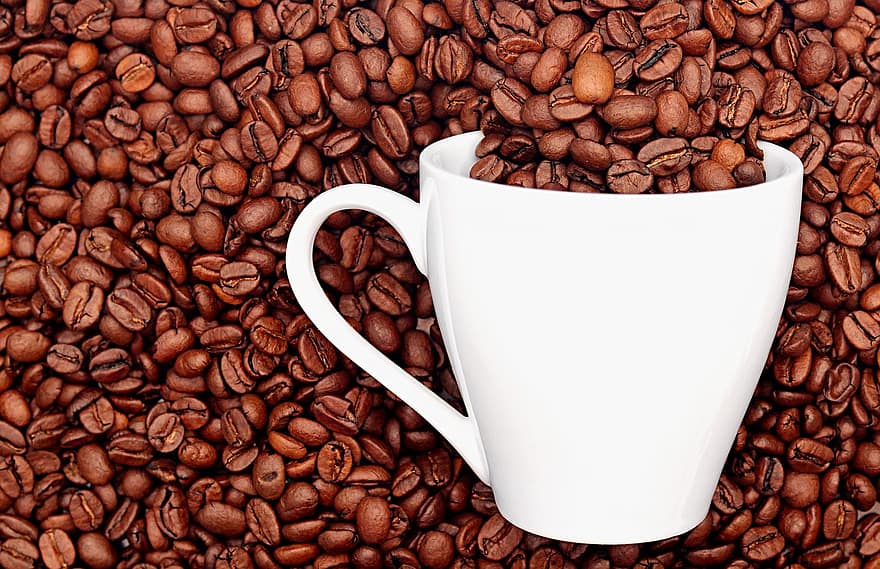 cafè, grans de cafè, tassa, beure, fons, primer pla, mongeta, frescor, cafeïna, cappuccino, tassa de cafè