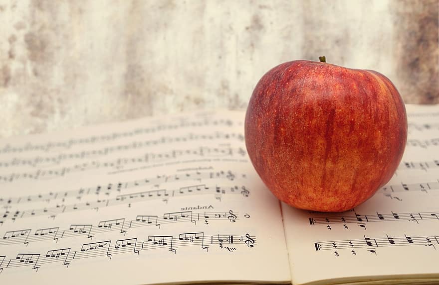 яблоко, Музыка, мелодия, создавать музыку, песни, хор, фрукты, витамины, ноты, Книга оценок учителя, отдых