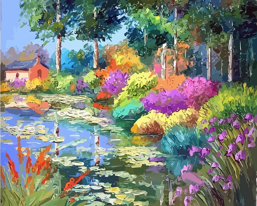natureza, lagoa, pintura, pintura a óleo, arvores, flores, panorama, beleza, verão, Primavera, colorida