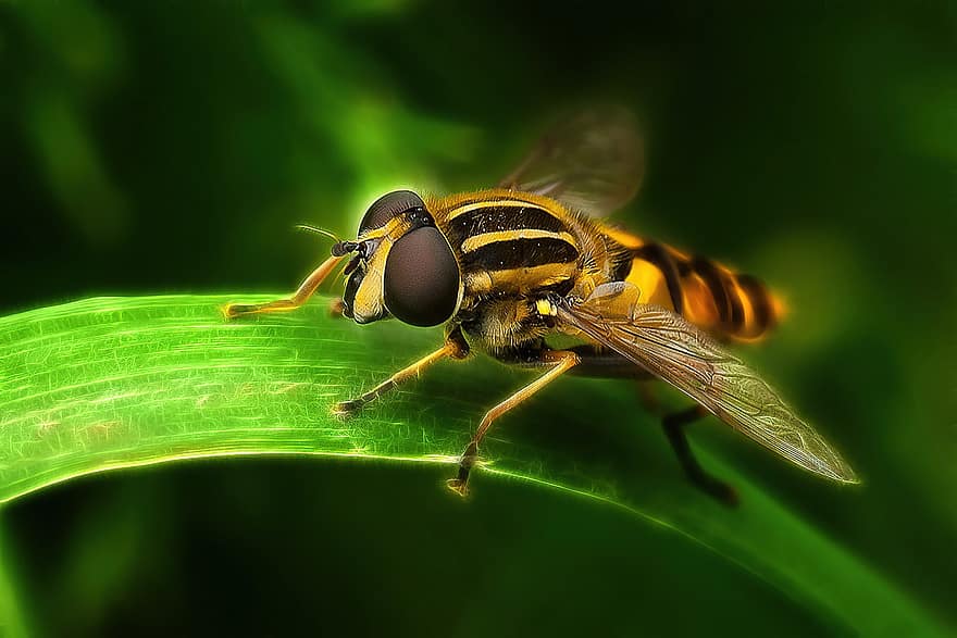 昆虫、ホバーフライ、昆虫学、種、マクロ、翼、閉じる、蜂、黄、緑色、受粉