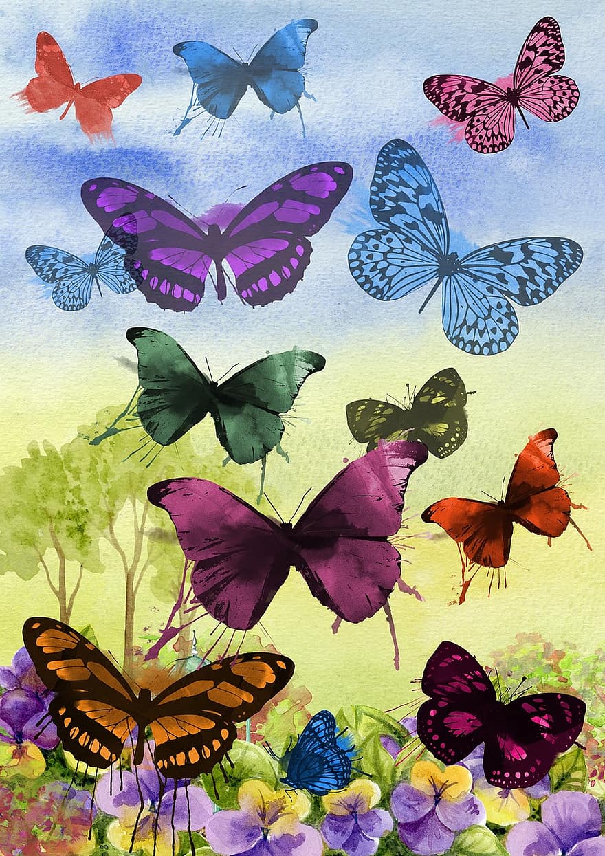 mariposa, pintura, Art º, gráfico, diseño, mariposas, campo, flor, floral, naturaleza, obra de arte