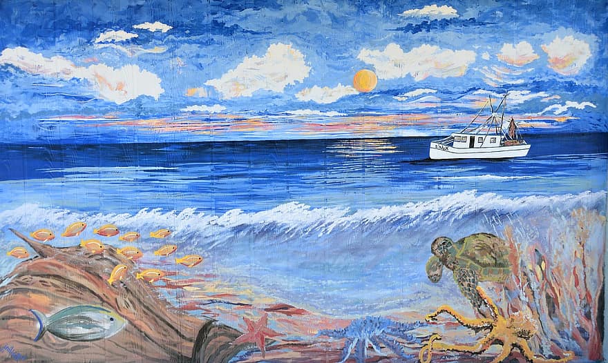 рибальський човен, фреска, живопис, художній, фон, задника, океану, барвисті, хвилі, води, дизайн