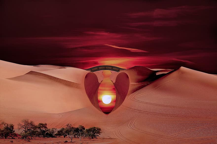 Desierto, puesta de sol, paisaje, naturaleza, oscuridad, escénico, cielo, arena, corazón, romántico, amor