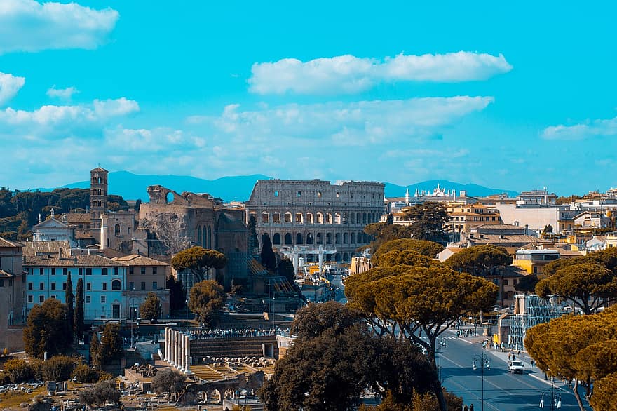Koloseum, Rzym, Włochy, wycieczka, turyści, arena, architektura, kolumnowy, śródmieście, pomnik, gladiatorów