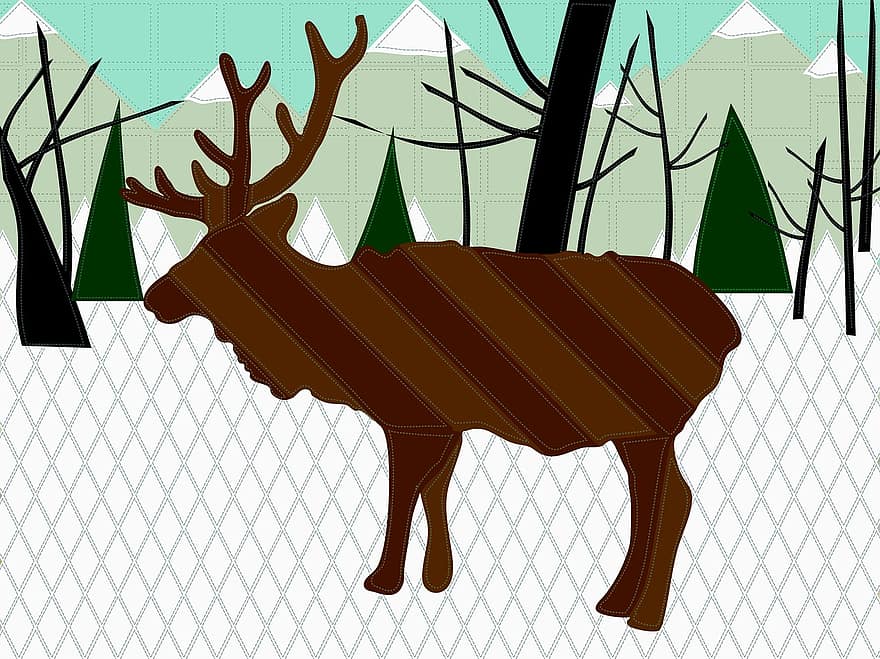 Reindeer, Deer, Snow, Tree, Sky, Quilt, Brown, Green White, Blue, Grey, Mountain
