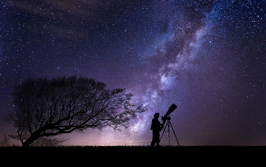 teleskops, astronoms, piena ceļš, nakts debesis, naktī, astronomija, zvaigznājus, zvaigznes, statīvs, telpa, Visumu