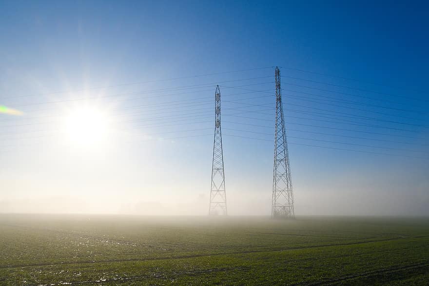 pylon, Mark, sol, tåge, sollys, transmission tower, magt tårn, kabler, Højspændingspylon, elektricitet, højspænding