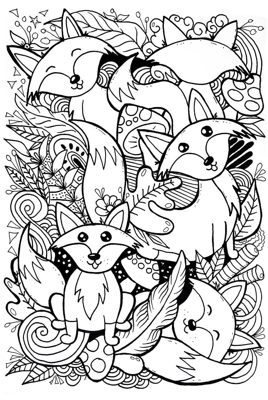 Fox, Leaves, Doodle, Animal, Wildlife, Cute, Hand Drawn, Art