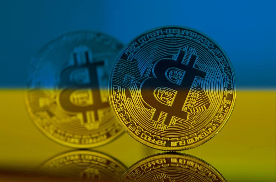 Bitcoin, cryptocurrency, krypto, Ukraines flag farver, ukraine, bank, blockchain, finansiere, betalingsmiddel, forretning, investering