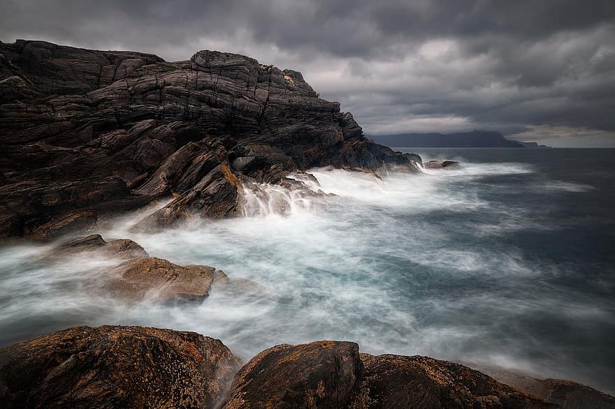 崖、海洋、波、海、水、海岸、岩石、自然、ノルウェー、海の波、砕ける波