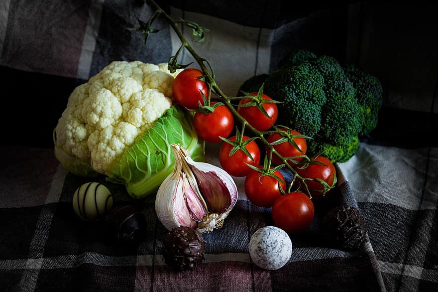 zöldségek, friss, organikus, paradicsom, fokhagyma, karfiol, brokkoli