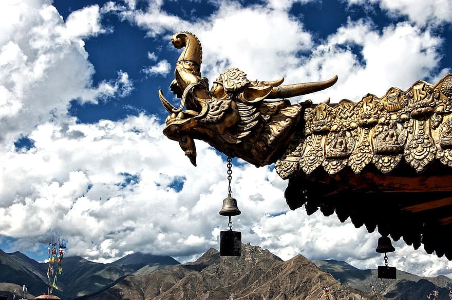 ドラゴン、チベット、ルーフ、雲、彫刻、アジア、オリエンタル、寺院、cloudscape、アジア人、建築