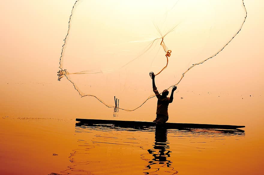pescador, lago, por do sol, crepúsculo, África, barco de pesca
