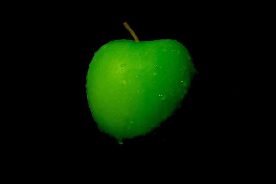 jabłko, owoc, martwa natura, świeżość, zbliżenie, zielony kolor, jedzenie, zdrowe odżywianie, upuszczać, mokro, liść