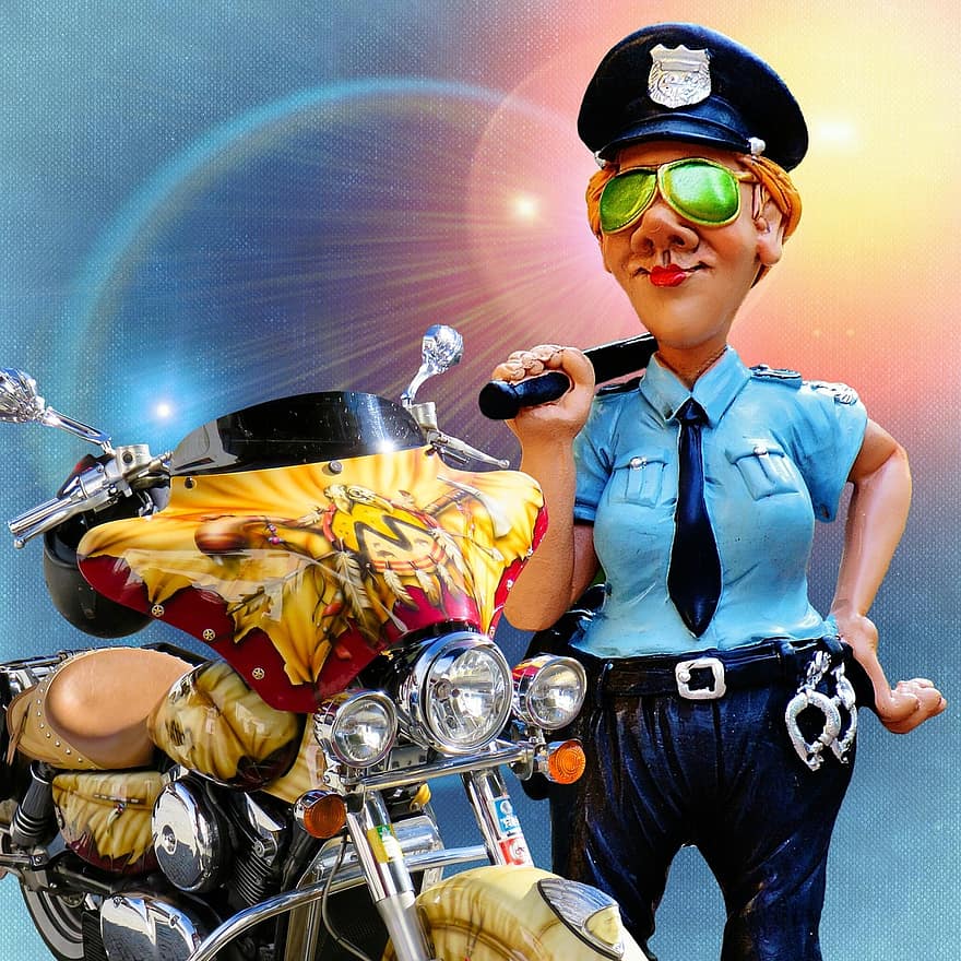 ตำรวจ, ควบคุม, จักรยาน, ตำรวจหญิง, รูป, ตลก