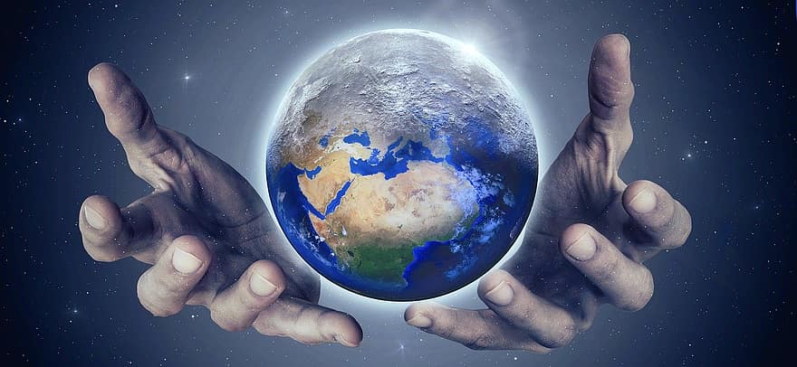 aarde, planeet, vaderland, mensheid, bevolking, verwoesting, handen, toekomst, vrede, gemeenschap, ruimte