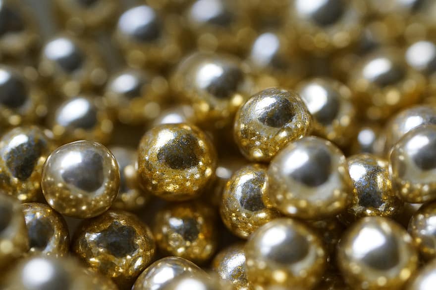 Süßigkeiten, Perlen, golden, Nahansicht, glänzend, goldfarben, Hintergründe, Gold, Metall, Makro, Kreis