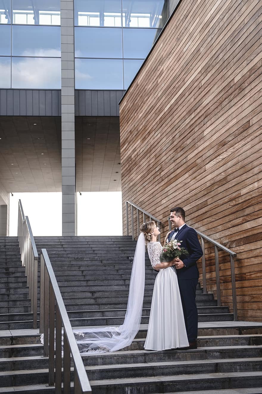 Wedding, Couple, Stairs, Love, Romantic, Relationship, Bride, Groom, Together, Family, Lovers