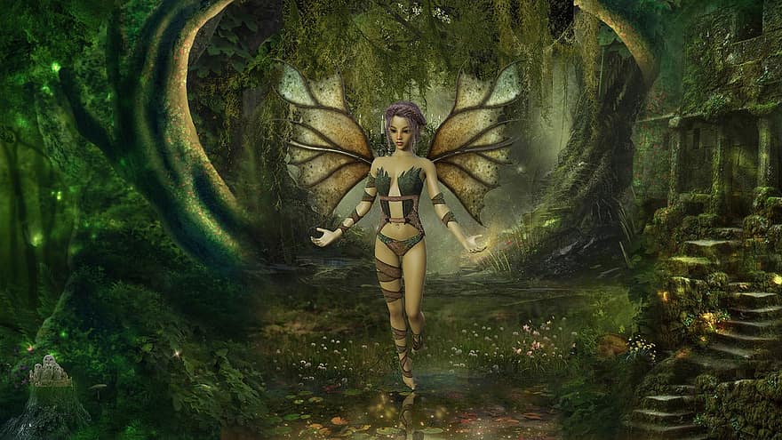 バックグラウンド、森林、神秘的な、妖精、フクロウ、ファンタジー、女性、キャラクター、デジタルアート