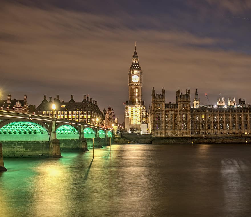 Westminster tilts, Westminster pils, Bigbens, Temzas upe, Londona, Anglijā, uk, orientieris, arhitektūra, tornis, tilts