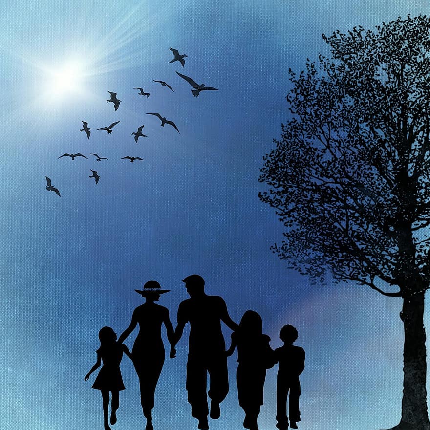 família, siluetes, arbre, ocells, sol
