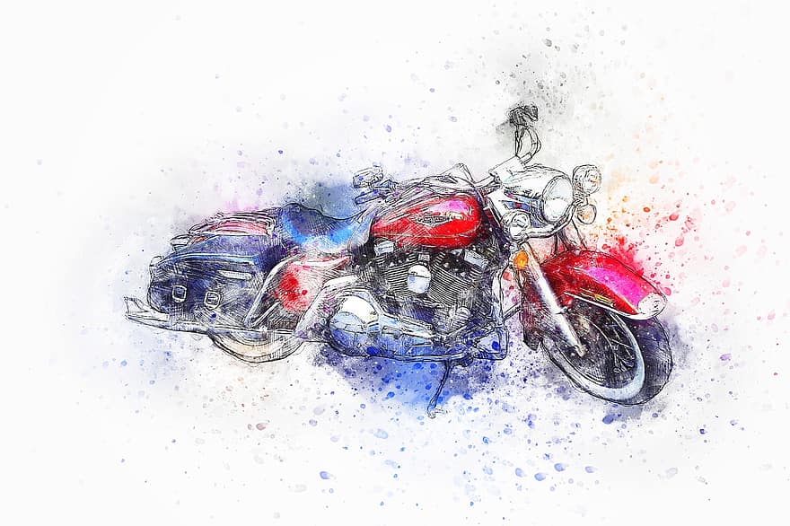 sepeda motor, sepeda, Harley, merah, oldtimer, cat air, vintage, retro, kendaraan, roda, penuh warna