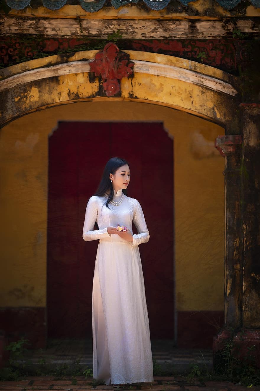ао дай, мода, женщина, Белый Ао Дай, Вьетнамское национальное платье, одежда, традиционный, прекрасный, хорошенький, красота, девушка