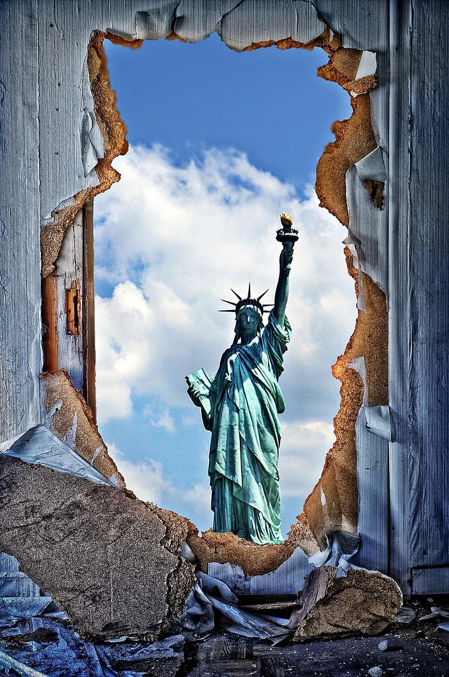 Door, Breakthrough, Door Sunburst, Statue Of Liberty, dom, Surreal, United States, Usa, America, Ny, New York
