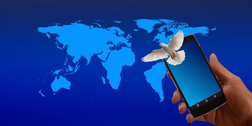 Smartphone, Hand, Taube, Kontinente, fliegend, Aussenden, senden, Getriebe, Welt, Globus, Harmonie