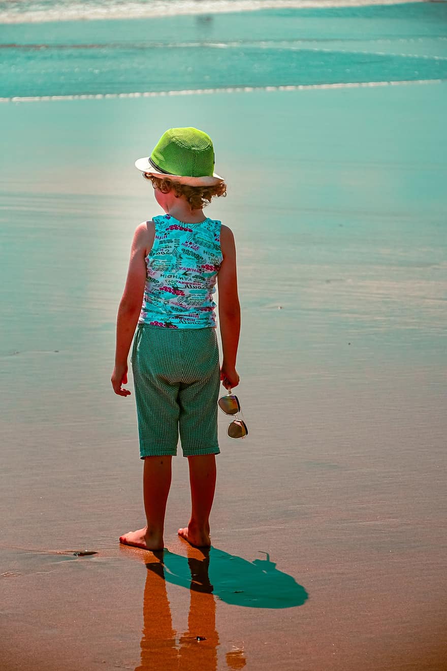 बीच, बच्चा, सागर, रेत, लड़का, गर्मी, खुश, छुट्टी, पानी, लहर की, बच्चे
