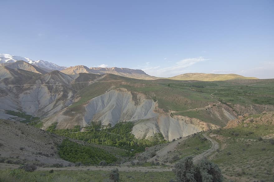 iran, Poble de Khafr, muntanya, província d’isfahan, paisatge, estiu, escena rural, blau, color verd, herba, prat