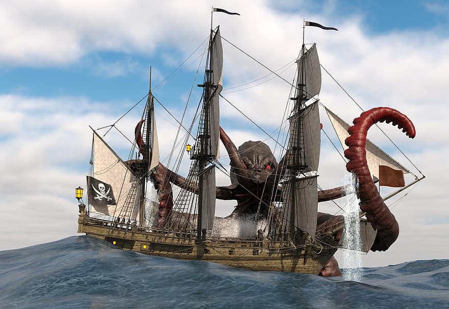 Octopus, Sea Sailing Ship, Ship, Destroy, Ocean, Water, Seafarer, Myth, Yarn, Weird