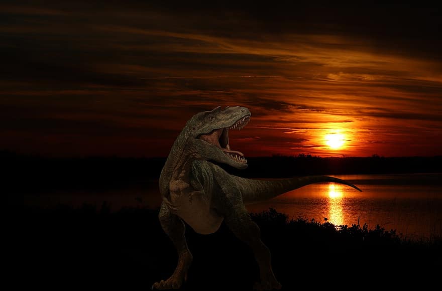 zonsondergang, meer, dinosaurus