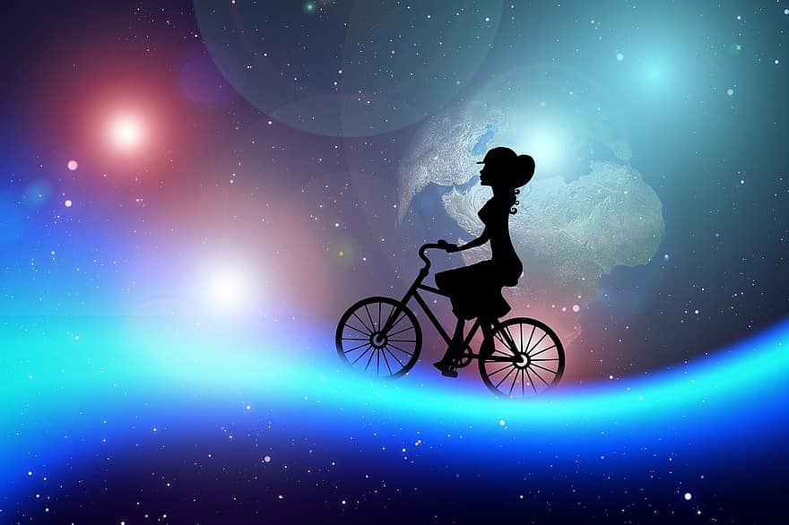 velosipēdu, sieviete, kosmoss, zemes, zvaigzne, mākonis, plīvurs, gaismas, meitene, riteņbraukšana, persona