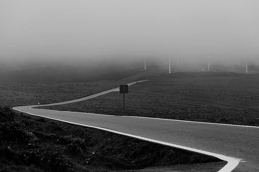 Road, Street, Way, Curved, Avenue, Path, Lane, Road Sign, Fog, Highway, Nature