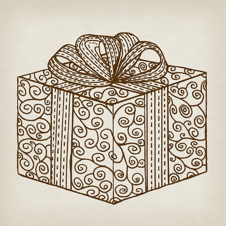 présent, cadeau, emballage, Noël, célébrer, saison, vacances, ancien, esquisser, salutation, carte