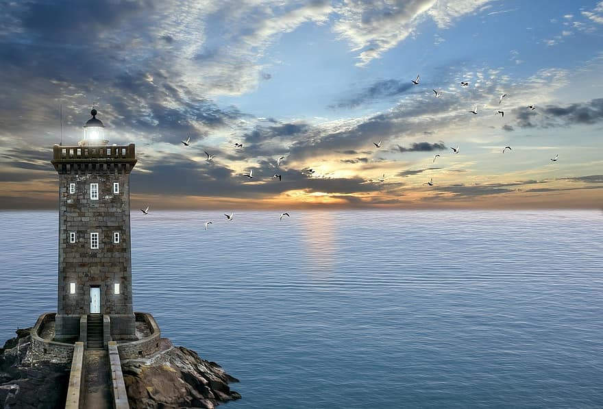 Lighthouse, Ocean, Seagulls, Tower, Sea, Horizon, Scenery, Beacon, Seascape, Sky, Clouds