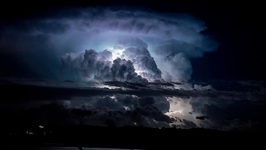 pērkona negaiss, zibens, mākoņi, debesis, naktī, tumšs, negaiss, vētra, laikapstākļi, zibspuldze, enerģiju