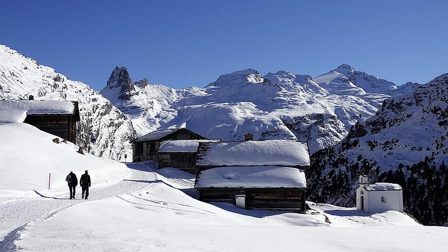 inverno, montagne, cappella, capanne, la neve, paesaggio, picco, vertice, nevoso, sentiero d'escursionismo, villaggio