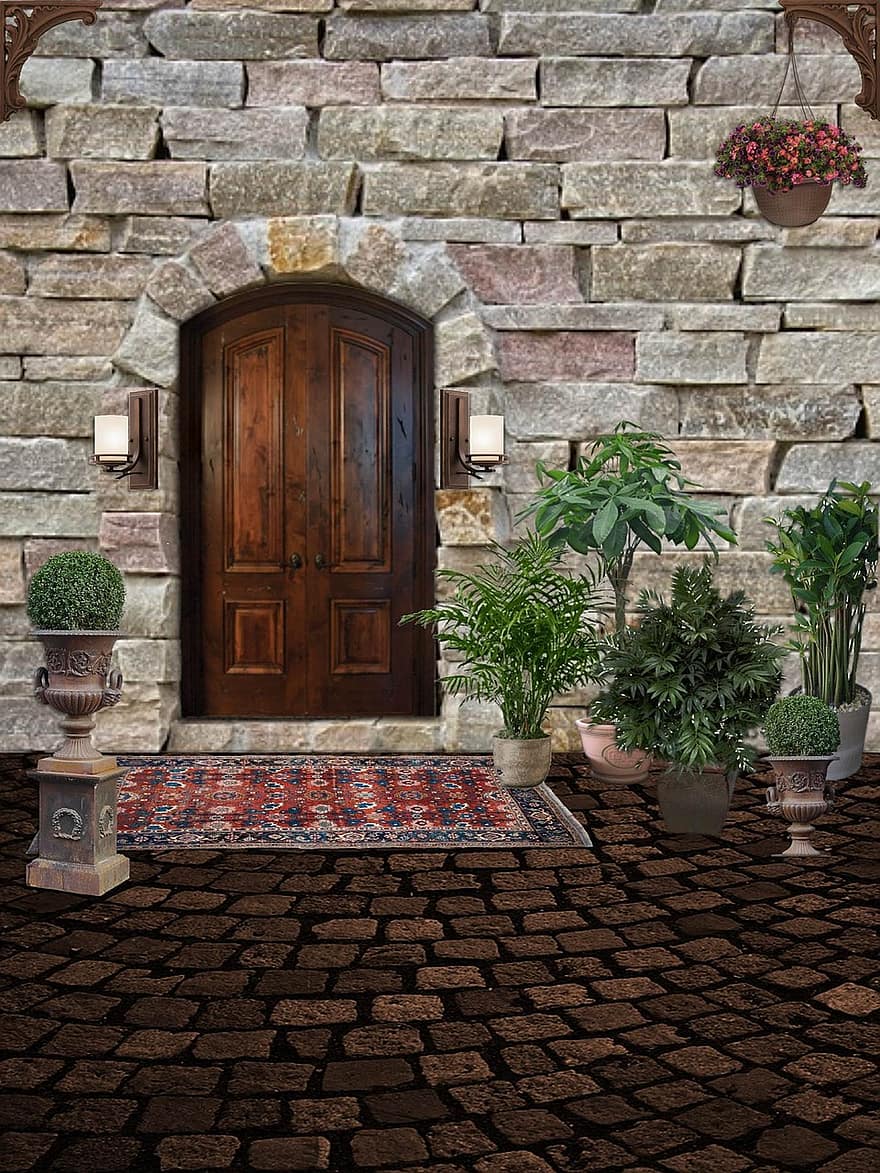 exterior, clădire, piatră, uşă, plante, grădină, trotuar, cobblestones, cărămizi, arc, lemn