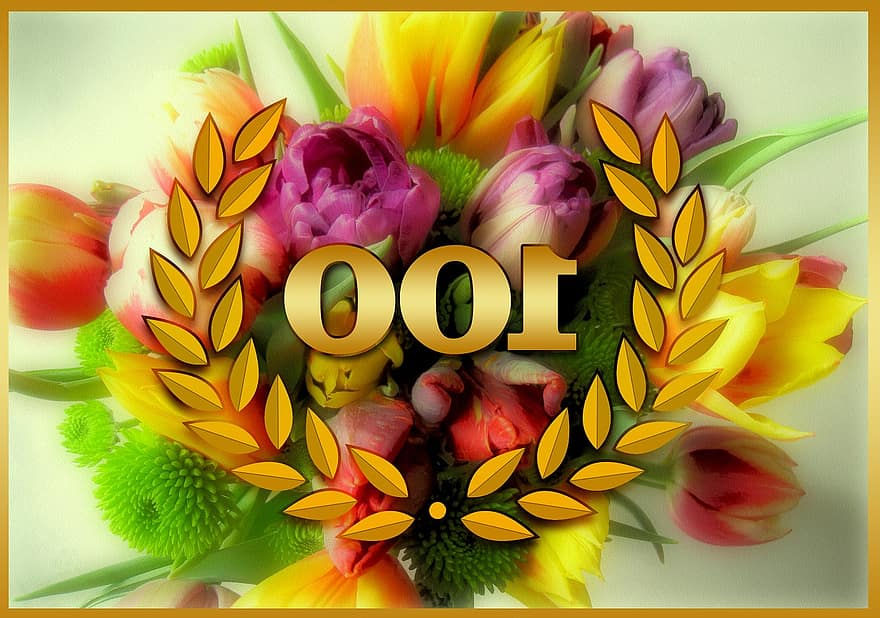 anniversario, gran giorno, giorno del ricordo, commemorare, mazzo di fiori, oro, celebrazione, 100, cento, fortuna, saluto