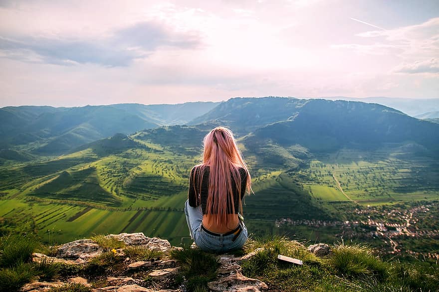 Woman, Leisure, Mountains, Tourist, Vacation, Sitting, Girl, Young, Long Hair, Jeans, Rocks