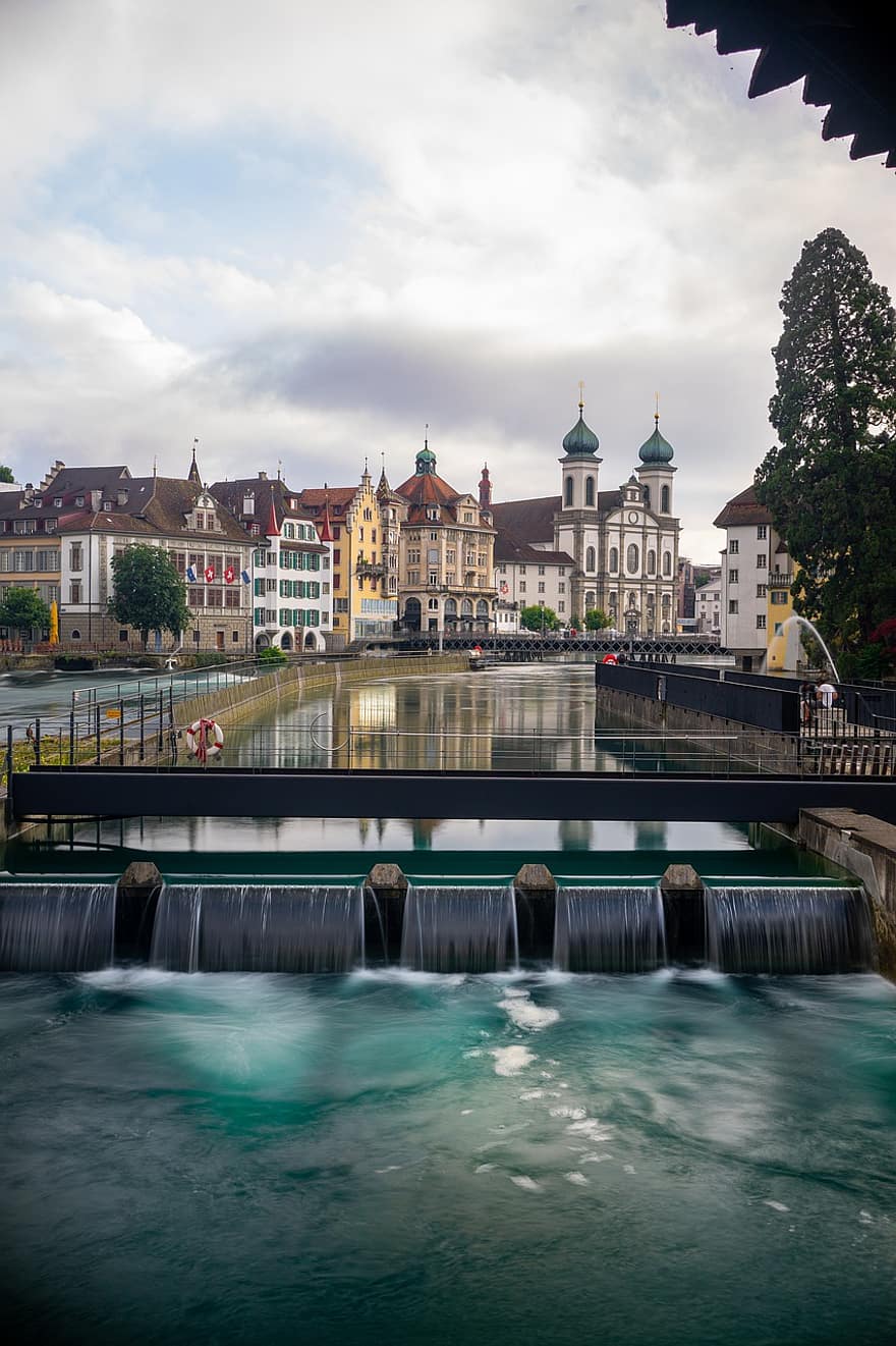 wodospad, pejzaż miejski, Szwajcaria, lucerna, Miasto, szwajcarski, fotografia, lato, rzeka, turystyka, woda
