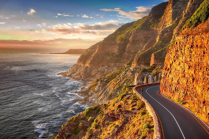 Road, Coast, Cliff, Sunset, Mountains, South Atlantic, Landscape, Sea, Ocean, Vacations, Water