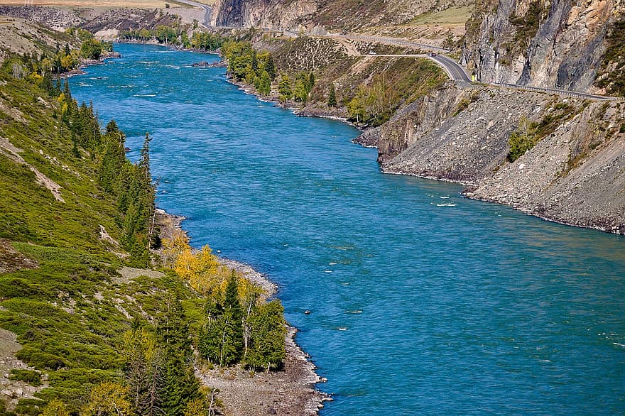 râu, munţi, Katun, toamnă, Altai, șosea, apă, peisaj, stâncă, Munte, albastru