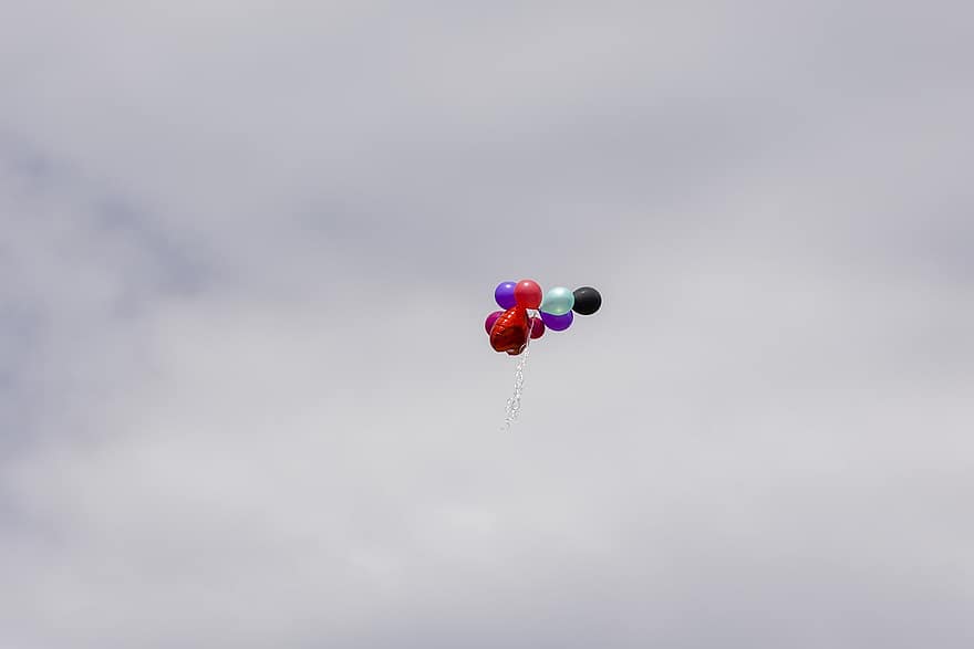ballonger, himmel, moln, flygande, flytande, luft, hög, heliumballonger, färgglada ballonger